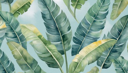 watercolor tropical banana leaf pattern wallpaper with a light blue background