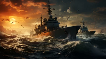 Foto op Canvas The military ship on sea at sunrise. © alexkich