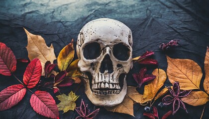 halloween symbol with skull autumn leaves and dark natural background symbolizes magic and mysticism