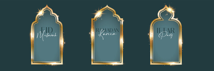 A collection of modern thin, delicate and elegant gold frames with sparkling effects. Shining gold, calligraphy, oriental motifs. A frame for the text. Vector illustration