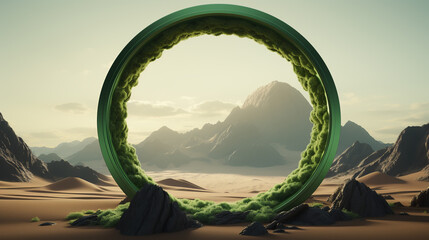 Surreal desert landscape with green arch constructions in perspective. Abstract modern minimal fashion background with sand dunes. Portal concept - obrazy, fototapety, plakaty
