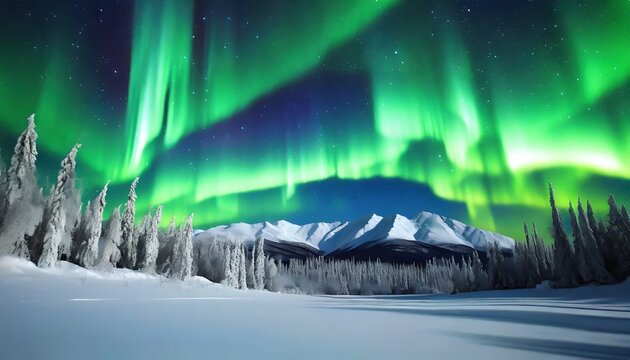 aurora borealis over the frosty forest green northern lights above mountains night nature landscape with polar lights night winter landscape with aurora creative image winter holiday concept