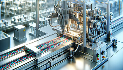 A highly detailed pharmaceutical packaging line with precision machinery organizing and processing various colored capsules in a sterile environment.Pharmaceutical manufacturing concept. AI generated.