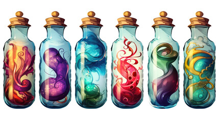 A collection of vibrant, cartoon-styled potion bottles in various colors and bubbling contents, corked and uncorked. Game design assets, transparent background - obrazy, fototapety, plakaty
