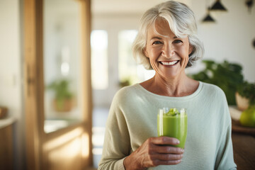 A healthy senior woman smiling while holding some green juice at home.