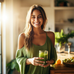 A healthy young woman smiling while holding some green juice at home.