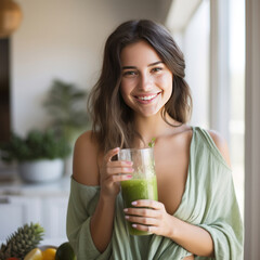 A healthy young woman smiling while holding some green juice at home.