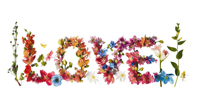 The word 'LOVE' spelled out in watercolor flowers on a white background.