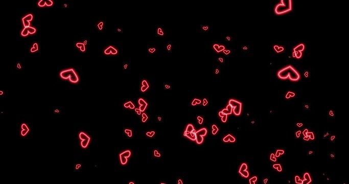 Effect material with outlined glowing red heart particles spread out in a large circle (black background). overlays, transitions. Image for Valentine's Day, Anniversary, Mother's Day, Marriage.