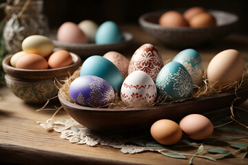 Colorful easter eggs on wooden table in rustic style, selective focus. Generative AI