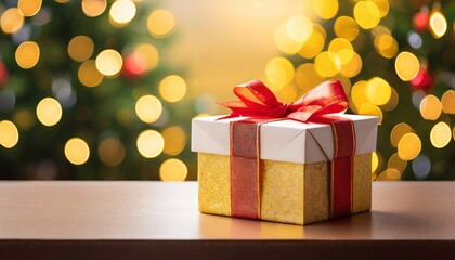 gift box on table with blur christmas tree and golden festive bokeh light background for special holiday