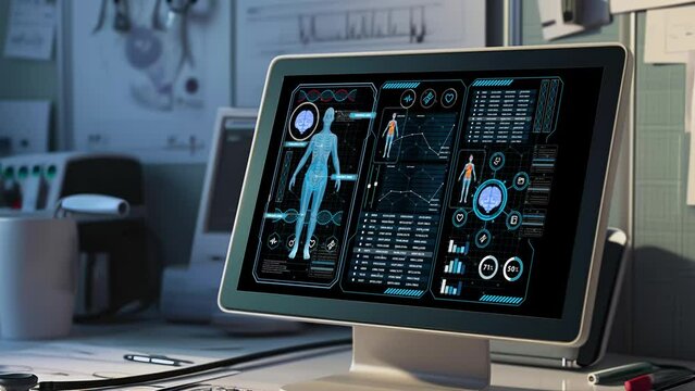 Explore a medical user interface with futuristic infographics and health technology HUD elements. Artificial intelligence analyzes and displays medical data on a holographic screen.