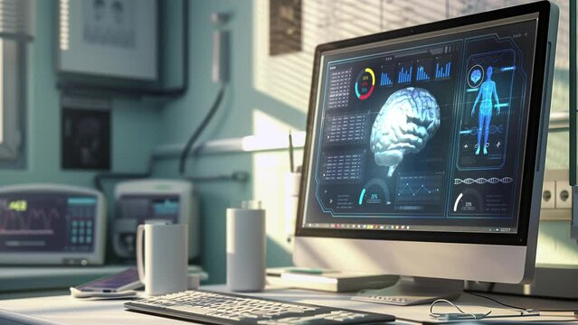 Explore a medical user interface with futuristic infographics and health technology HUD elements. Artificial intelligence analyzes and displays medical data on a holographic screen.