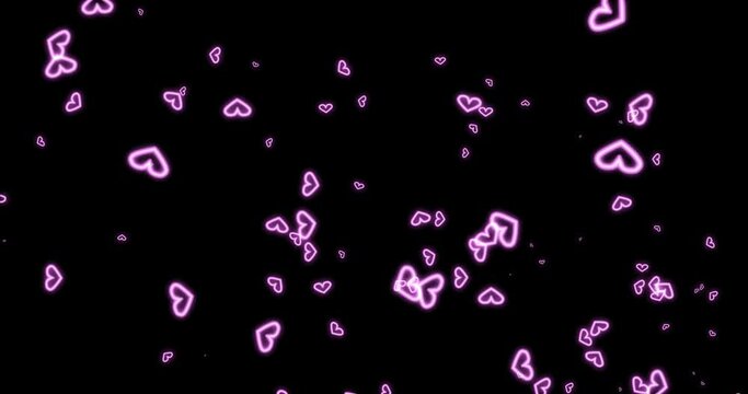 Effect material with outlined glowing pink heart particles spread out in a large circle (black background). overlays, transitions. Image for Valentine's Day, Anniversary, Mother's Day, Marriage.