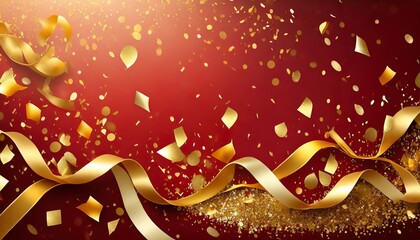 celebration background template with gold confetti and gold ribbons on red background falling shiny golden confetti gold festive party festive party or holiday glitter backdrop luxury card