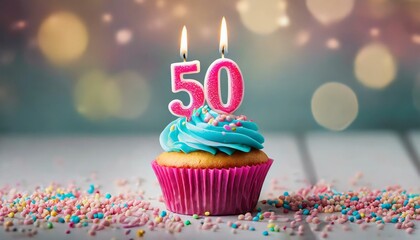 Birthday cupcake with burning lit candle with number 50. Number fifty for fifty years or fiftieth...