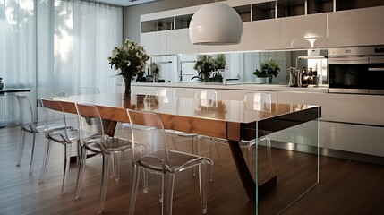 Modern kitchen with a glass dining table and transparent chairs