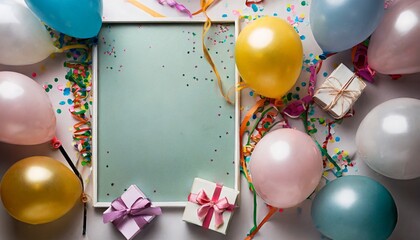 birthday party background with copy space holiday frame with colorful balloon gift confetti and streamer top view created with generative ai technology