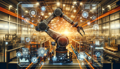 Advanced robotic arm in an industrial setting with a digital overlay of network connections and data points