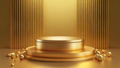 product display or showcase pedestal on gold background product template 3d rendering