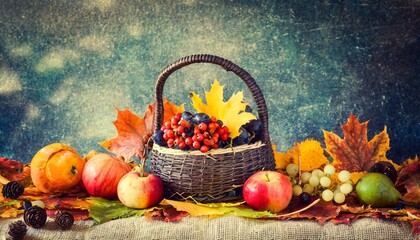 autumn background from fallen leaves and fruits with vintage pla - obrazy, fototapety, plakaty