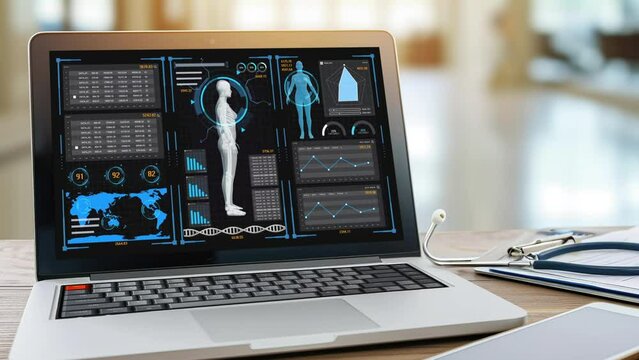 Medical User Interface with futuristic medicine infographics and Health Technology HUD elements in motion. Artificial intelligence analyzes and displays medical data on a holographic screen.
