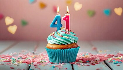 Birthday cupcake with burning lit candle with number 41. Number fortyone for fortyone years or fortyfirst anniversary.