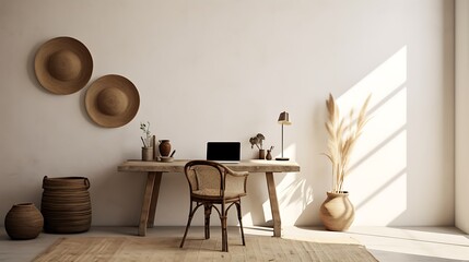Minimalist bohemian workspace with a simple desk and woven accents