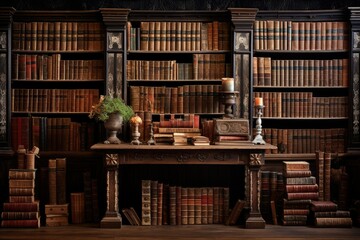 Abundant collection of antique books on a wooden shelf Ai generated
