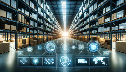 Large warehouse with a futuristic digital interface overlaid on the image
