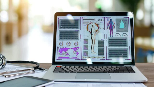 Medical user interface. Futuristic medicine infographics and health technology HUD elements in motion. Using artificial intelligence, medical data is analyzed and displayed on a holographic screen. 