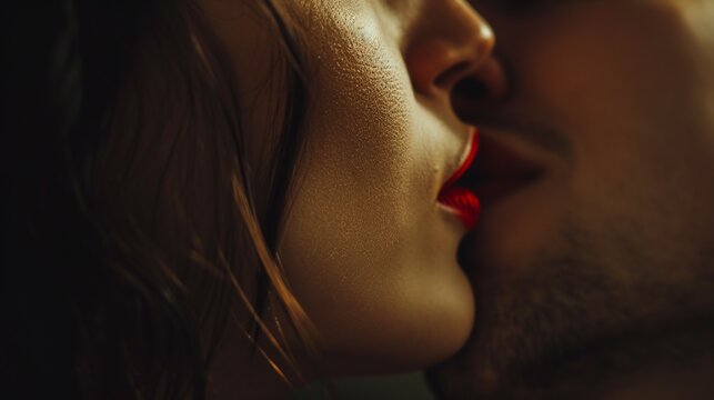 Close-up portrait of a passionate couple kissing on a black background. AI.
