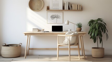 Minimalist bohemian workspace with a simple desk and woven accents