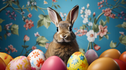 Rabbit surrounded by vibrant Easter eggs against a floral backdrop