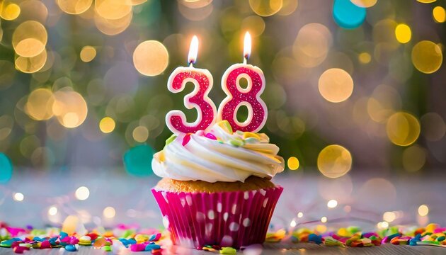 Birthday cupcake with burning lit candle with number 38. Number thirtyeight for thirtyeight years or thirtyeighth anniversary.