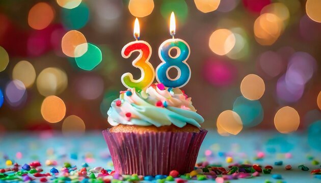 Birthday cupcake with burning lit candle with number 38. Number thirtyeight for thirtyeight years or thirtyeighth anniversary.