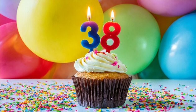 Birthday cupcake with burning lit candle with number 38. Number thirtyeight for thirtyeight years or thirtyeighth anniversary.