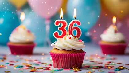 Birthday cupcake with burning lit candle with number 36. Number thirtysix for thirtysix years or thirtysixth anniversary.