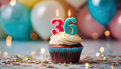 Birthday cupcake with burning lit candle with number 36. Number thirtysix for thirtysix years or thirtysixth anniversary. - obrazy, fototapety, plakaty