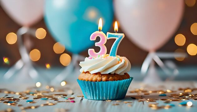 Birthday cupcake with burning lit candle with number 37. Number thirtyseven for thirtyseven years or thirtyseventh anniversary.