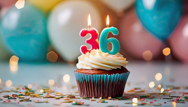 Birthday cupcake with burning lit candle with number 36. Number thirtysix for thirtysix years or thirtysixth anniversary.