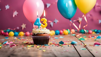 Birthday cupcake with burning lit candle with number 43. Number fortythree for fortythree years or fortythird anniversary. - obrazy, fototapety, plakaty