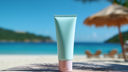 Plastic tube. Sunscreen lotion on beach. Summer vacation and skin care concept.