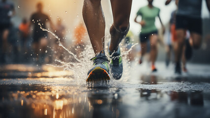 A group of marathon runners run in the rain.