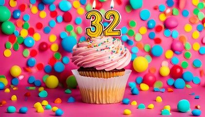 Birthday cupcake with burning lit candle with number 32. Number thirtytwo for thirtytwo years or...