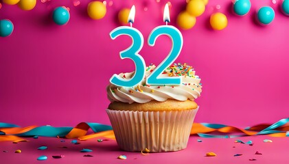 Birthday cupcake with burning lit candle with number 32. Number thirtytwo for thirtytwo years or...