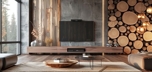 Glass-fronted TV cabinet on a wooden wall with contemporary wooden circles.