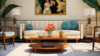 Mid-century modern side table in a Hollywood regency-style living room