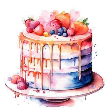 cake with cream and fruit, sweet dessert. watercolor illustration. artificial intelligence generator, AI, neural network image. background for the design.