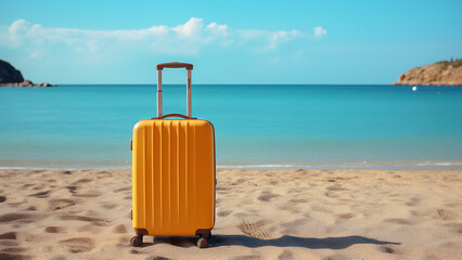Suitcase on sand beach. summer travel concept.